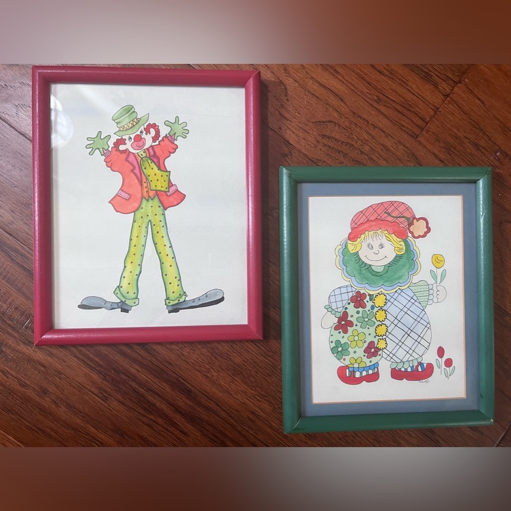 Vintage Clown Watercolor Paintings - Set of 2